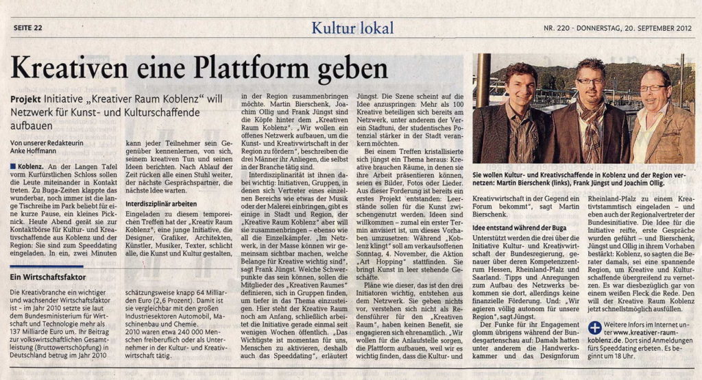 Rhein-Zeitung vom 20. SEPTEMBER 2012 - Kreativen eine Plattform geben